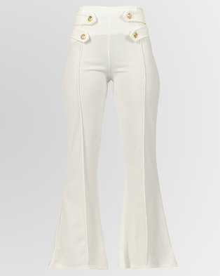 Photo of London Hub Fashion Button Detail Flared Trousers White