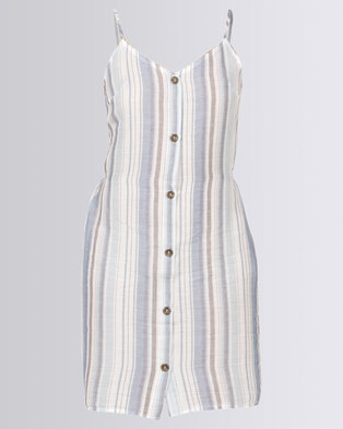 Photo of London Hub Fashion Vertical Stripe Button Up Cami Dress Blue