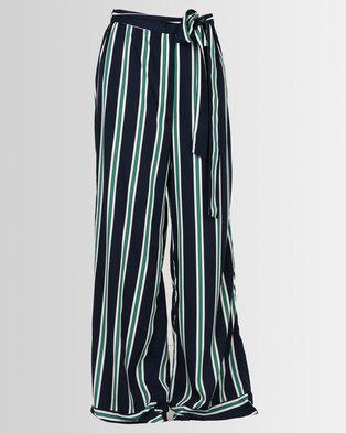 Photo of London Hub Fashion Stripe Self Tie Wide Leg Pants Navy