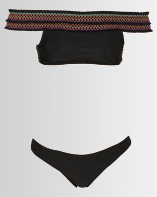 Photo of London Hub Fashion Bardot Shirred Bikini With Contrast Stitching Black