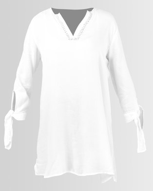 Photo of G Couture Tunic With Sleeve Ties and Blanket Stitch White
