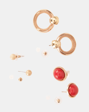 Photo of Bijoutique 3 Pack Gold And Red Circle Drop Stud Set Gold
