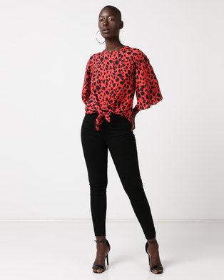 Photo of QUIZ Leopard Print Tie Front Boxy Top Red/Black