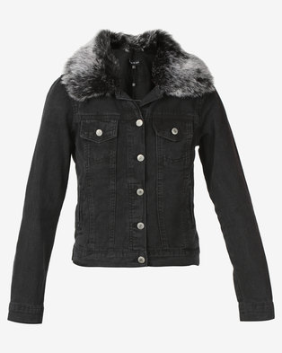 Photo of London Hub Fashion Faux Fur Collar Button Front Denim Jacket Grey