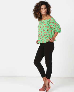Photo of Legit Bardot Floral Top With Pleat Sleeves Green Floral