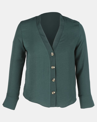 Photo of New Look Button Front Long Sleeve Shirt Dark Green
