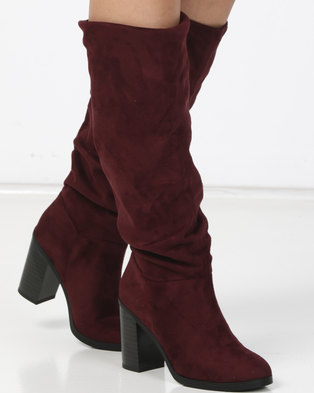 Photo of New Look Bowling Slouch Block Heel Knee High Boots Dark Red