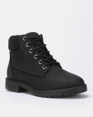Photo of New Look Barber Teddy Cuff Flat Lace Up Boots Black