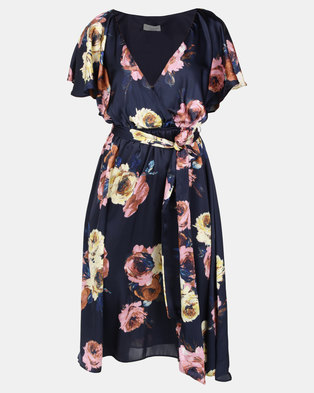 Photo of City Goddess London Floral Print Faux Wrap Midi Dress with Flutter Sleeves Navy