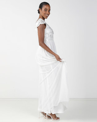 Photo of City Goddess London Embroidered Bodice Wedding Maxi Dress with Cap Sleeves Cream