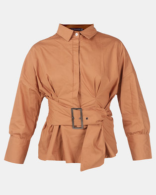 Photo of Utopia Belted Shirt With Puff Sleeve Camel