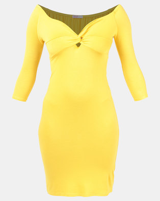 Photo of Legit Bardot 3/4 Sleeve Twist Front Peep Out Midi Tube Dress Mustard