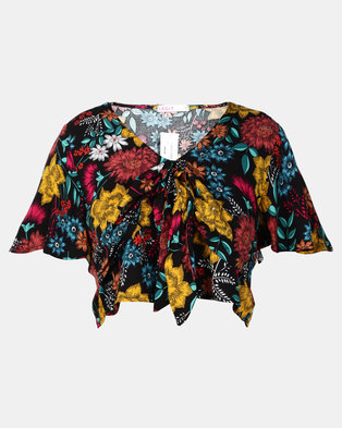 Photo of Legit Floral Flutter Sleeve Crop Top With Tie Front Multi