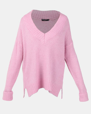 Photo of Brave Soul Loose Fit V Neck Jumper With Ribbed Trims Candy Pink