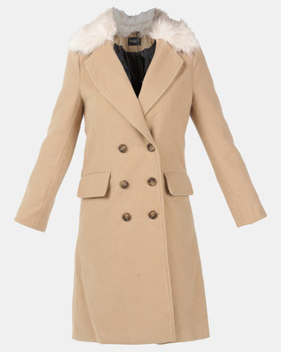Photo of Brave Soul Faux Wool Double Breasted Coat with Detachable Faux Fur Collar Camel