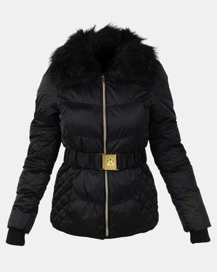 Photo of Brave Soul Short Length Sateen Coat with Faux Fur Collar Black