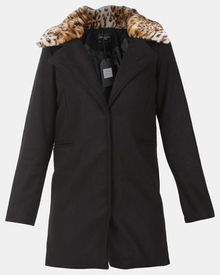 Photo of Brave Soul Faux Wool Jacket With Detachable Leopard Print Faux Fur Collar Black