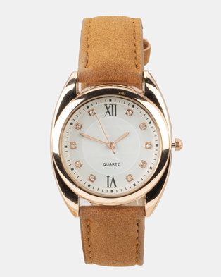 Photo of You I You & I Faux Suede Strap Watch Tan and Rose Gold