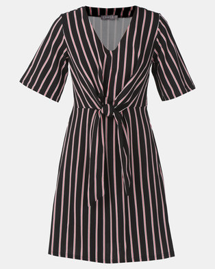 Photo of Utopia Knot Front Dress Black/Red Stripe