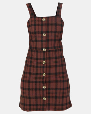Photo of New Look Check Button Front Pinafore Dress Brown
