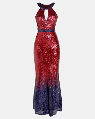 Photo of City Goddess London Ombre Halter Neck Sequin Maxi Dress Red