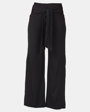 Photo of Legit Knit Tie Sash Side Slit Wideleg Pants Black