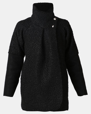 Photo of London Hub Fashion Button Detail Wrap Front Jacket Black