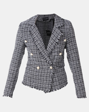 Photo of London Hub Fashion Tweed Check Dome Button Frayed Edge Blazer Black