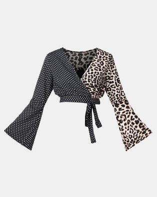 Photo of London Hub Fashion Contrast Leopard Spot Wrap Crop Top Multi
