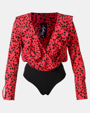 Photo of London Hub Fashion Animal Print Ruffle Wrap Bodysuit With Deep Cuffs Red/Black