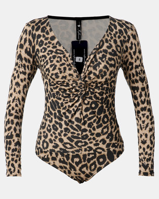 Photo of London Hub Fashion Leopard Print Knot Front Bodysuit Brown