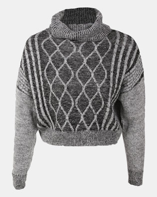 Photo of Legit Boxy Roll Neck Pullover With Cable Design Charcoal