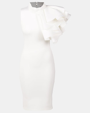 Photo of Fred Tsuya Scuba Ruffle Shoulder Dress White