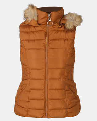 Photo of Utopia Rust Sleeveless Puffer With Faux Fur Trim