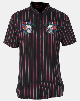 Photo of Brave Soul Fine Vertical Stripes Short Sleeve Shirt With Skull Embroidery Black