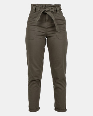 Photo of New Look Paperbag Tapered Denim Trousers Khaki