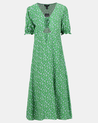 Photo of New Look Ditsy Floral Lace Up Midi Dress Green