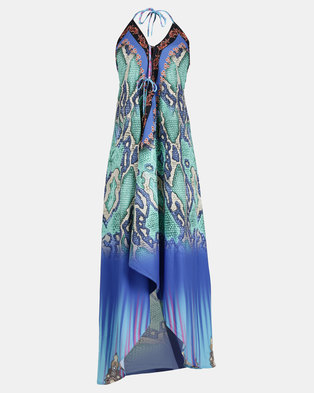 Photo of Allegoria Blue Multi Print Halter Neck Maxi Dress