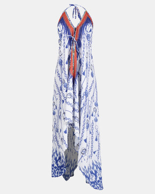 Photo of Allegoria Blue And White Print Halter Neck Maxi Dress