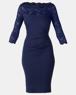 Photo of City Goddess London Fitted Midi Dress with Scalloped Lace Neckline Navy