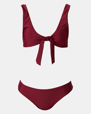 Photo of Utopia Tie Front Bikini Top With Brazilian Bottoms Red