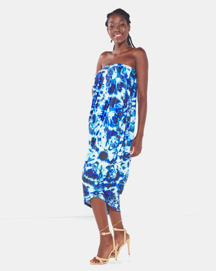 Photo of Michelle Ludek Circle Tie Dye Print Billy Bardot Boobtube Asymmetrical Dress Blue Multt