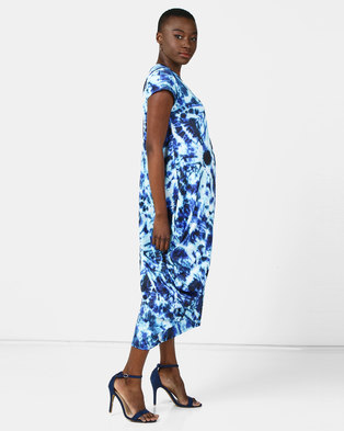 Photo of Michelle Ludek Circle Tie Dye Print Sarah Ruched Front Midi Dress Blue
