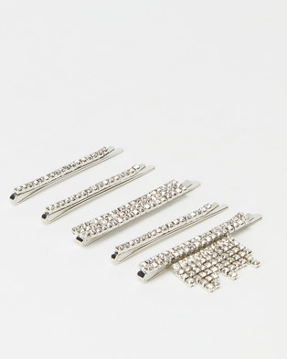 Photo of Miss Maxi Silver Diamate Encrusted Hair Slide 5 Pack Silver-tone
