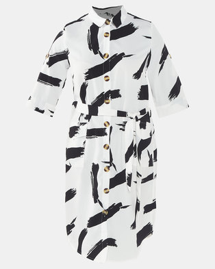 Photo of London Hub Fashion Abstract Print Midi Shirt Dress With Mock Horn Buttons And Pockets Black/White