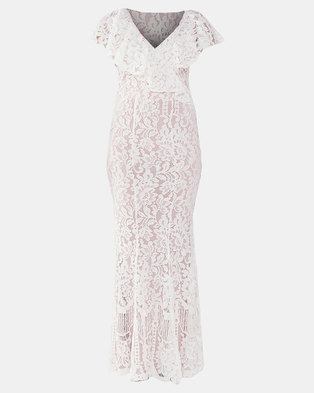 Photo of City Goddess London Lace Wedding Maxi Dress with Frilled V Neckline White