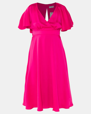 Photo of City Goddess London Satin Front Wrap Midi With Waterfall Sleeves Cerise