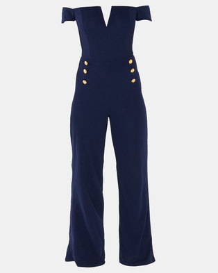 Photo of AX Paris Off The Shoulder Jumpsuit With Military Button Detail Navy
