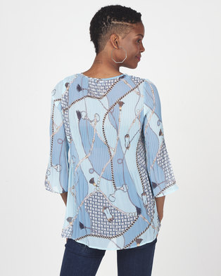 Photo of Queenspark Pleated Chain Print Woven Blouse Blue