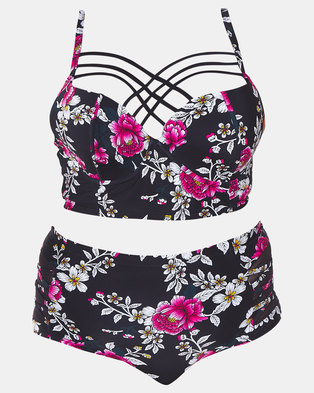 Photo of Lu-May Plus Floral 2 Piece Tankini Set High Waist Bikini Bottom Black